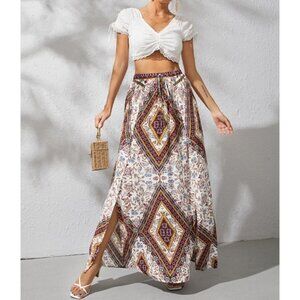 Graphic Print High Split Skirt Bohemian Maxi Small New